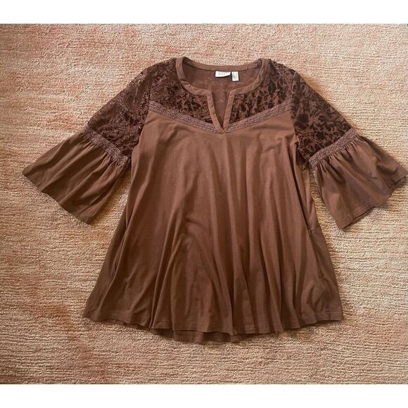 LOGO Lavish by Lori Goldstein Rust Brown Burnout Velvet Blouse S - Picture 1 of 8